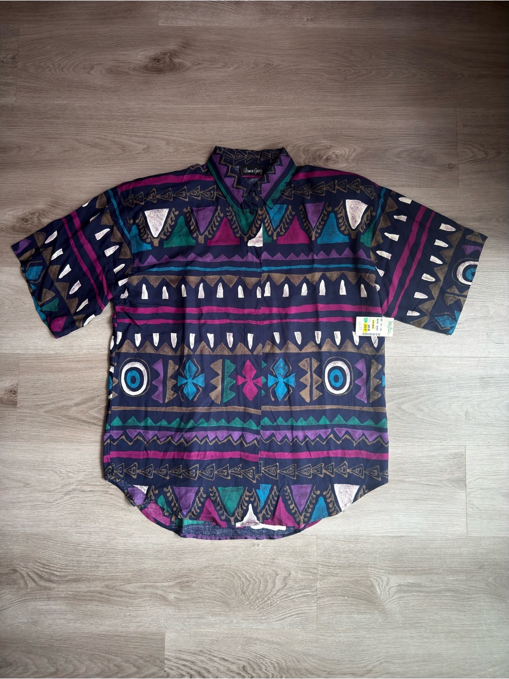 Vintage 90s Lemon Grass Geometric Rayon Shirt L NWT Deadstock